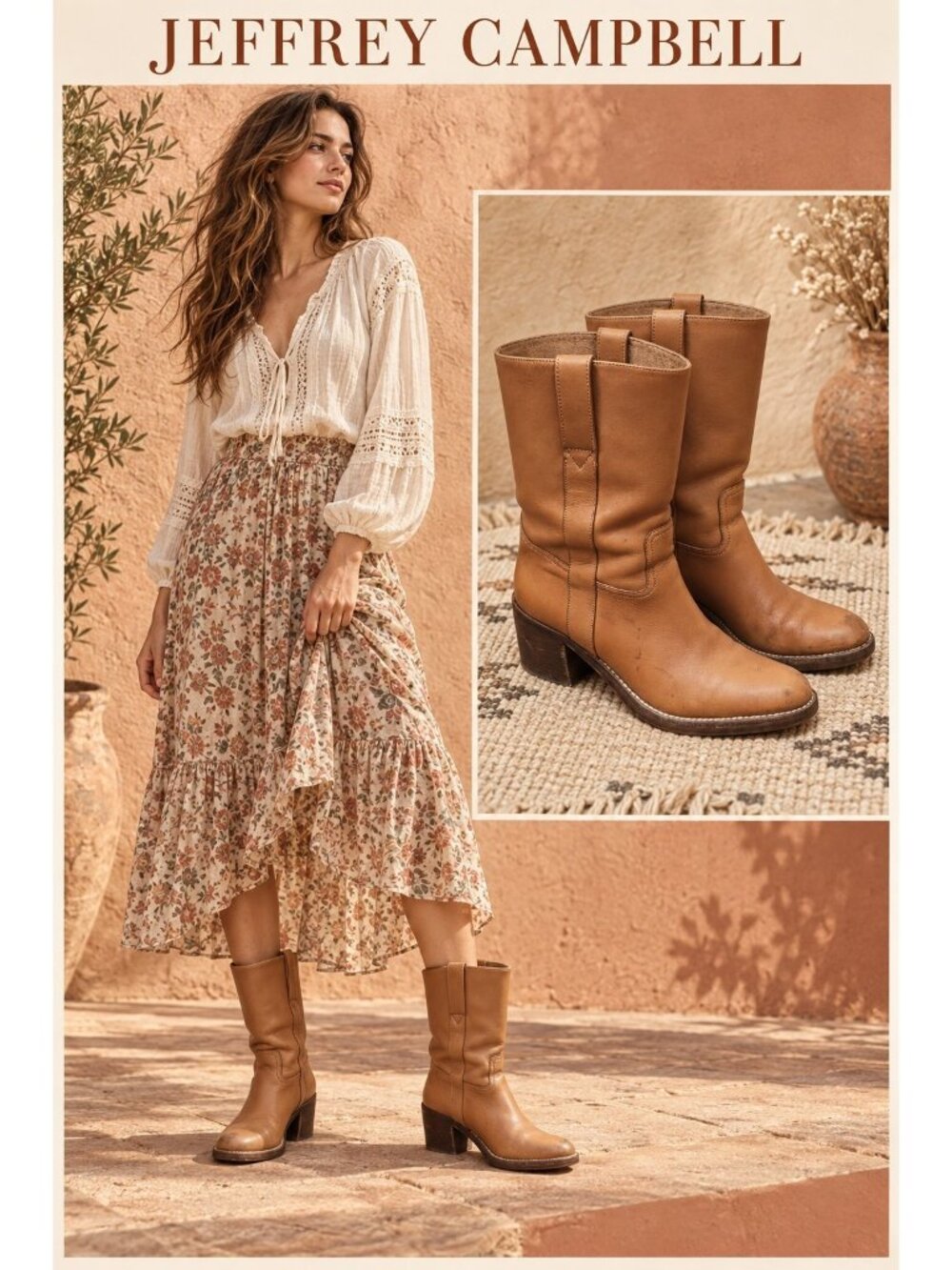 Jeffrey Campbell 8.5 Cognac Leather Mid Calf Pull On Western Boots